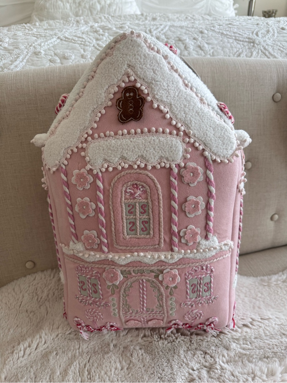 Pottery Barn Pink Gingerbread Pillow Plush Christmas Holiday Decor 18.5”